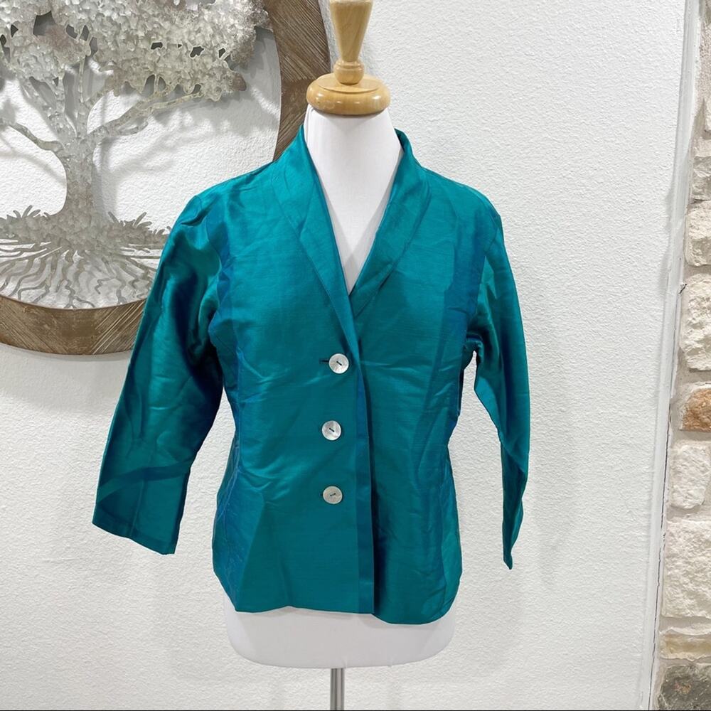 Kai Mira Silk Blazer Evening Jacket Teal Plaid Small